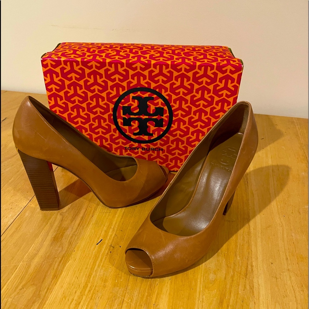 Tory Burch size 9 Cantrell High Heel Peeptoe pump - Royal Tan